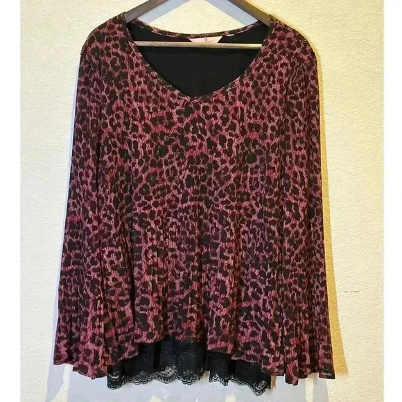Laurie Felt Womens XL Leopard Print Tunic Top Black Lace Trim Detail Lagenlook - Picture 1 of 12